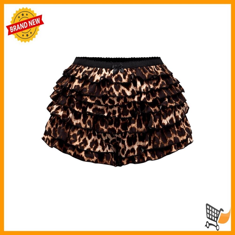 Y2K Leopard Print Mini Shorts Layered Ruffle Hem Low Waisted Stretch